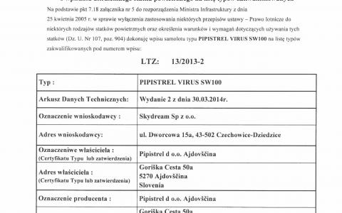 Wpis na Listę Typów Zakwalifikowanych Virusa SW z Rotax'em 912iS
